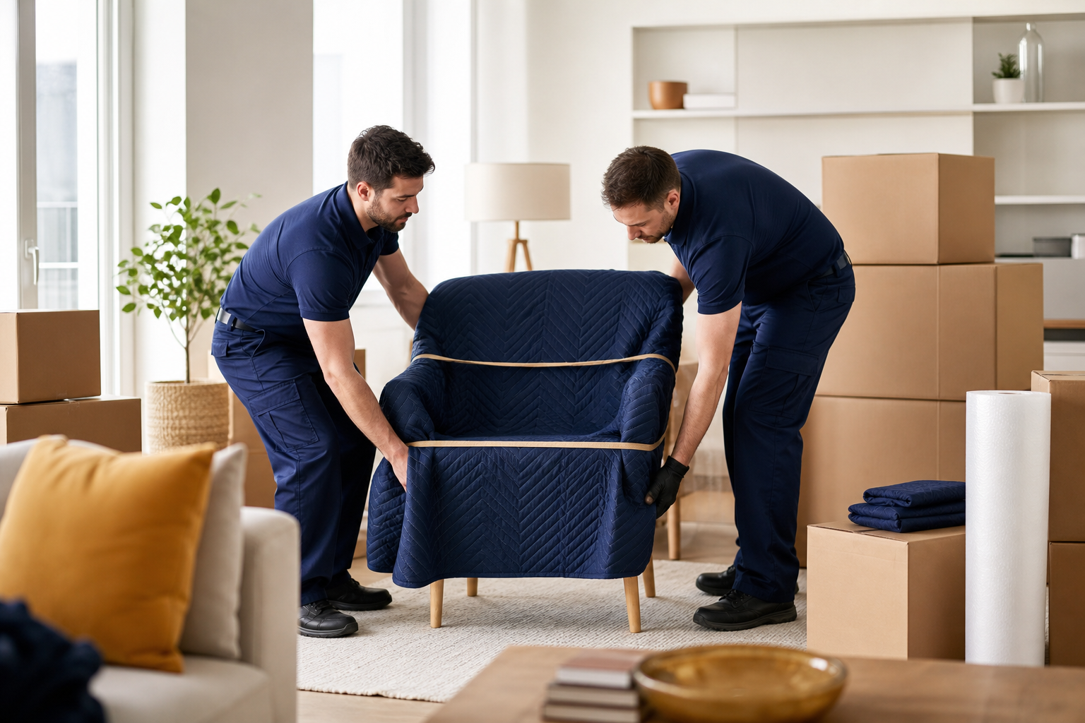 Movers packing boxes in a bright home