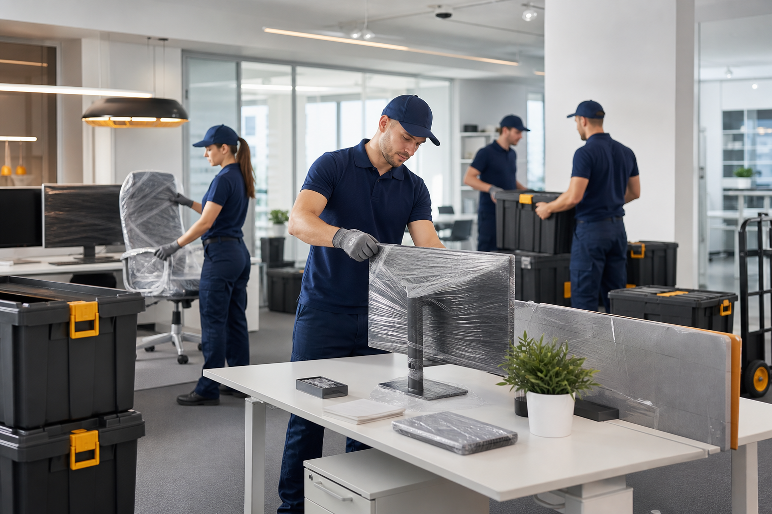 Office relocation team moving equipment